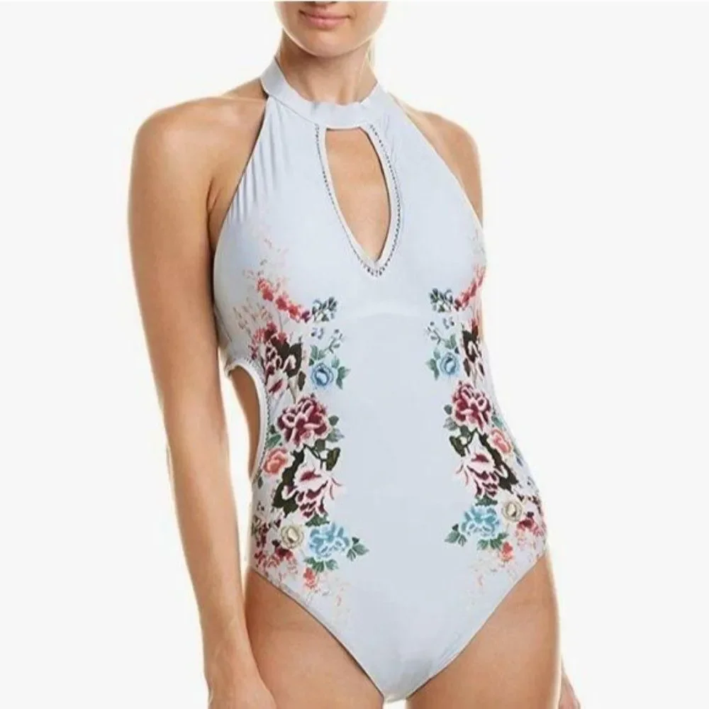 Lucky Brand Zen Garden Floral Print Plunging Cut Out One-Piece Swimsuit